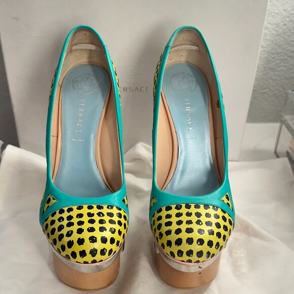 Versace 2010 Pois Print Pump - Yellow Teal Platform Metal Heels 39 - RARE - Picture 7 of 14